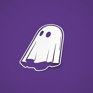 May include: A white ghost illustration with two eye holes, set against a purple background. The ghost has a simple, cartoonish design with a white outline, perfect for Halloween-themed products.