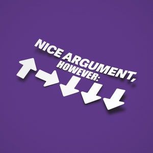 May include: White text on a purple background reads "NICE ARGUMENT, HOWEVER:" with five white arrows pointing in different directions. The arrows are pointing up, right, down, down, and down.