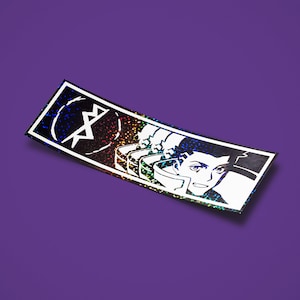 May include: A holographic sticker featuring a black and white illustration of a person's face with a rainbow background. The sticker has a black and white symbol in the top left corner.