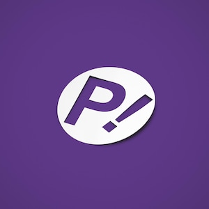 May include: A white sticker with the letter "P" and an exclamation point inside a white circle, set against a purple background. The design has a 3D effect, with shadows suggesting depth.