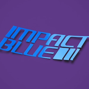 Puede incluir: Texto Impact Blue en una fuente azul 3D sobre un fondo morado.