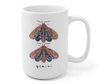 Gemini Mug, May/June Birthday Gift, Astrology Coffee Cup, Zodiac Teacup, Moth Art, 15 oz Ceramic