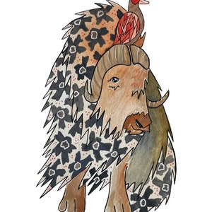 Yak Folk Style Print - 8 x 10, Scandinavian, Himalayan Decor, Floral Animal, Arctic Wildlife, Tibet