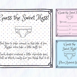 Guess The Sweet Mess Dirty Diaper Baby Shower Game Kit met zoete rijmpjes, direct downloaden