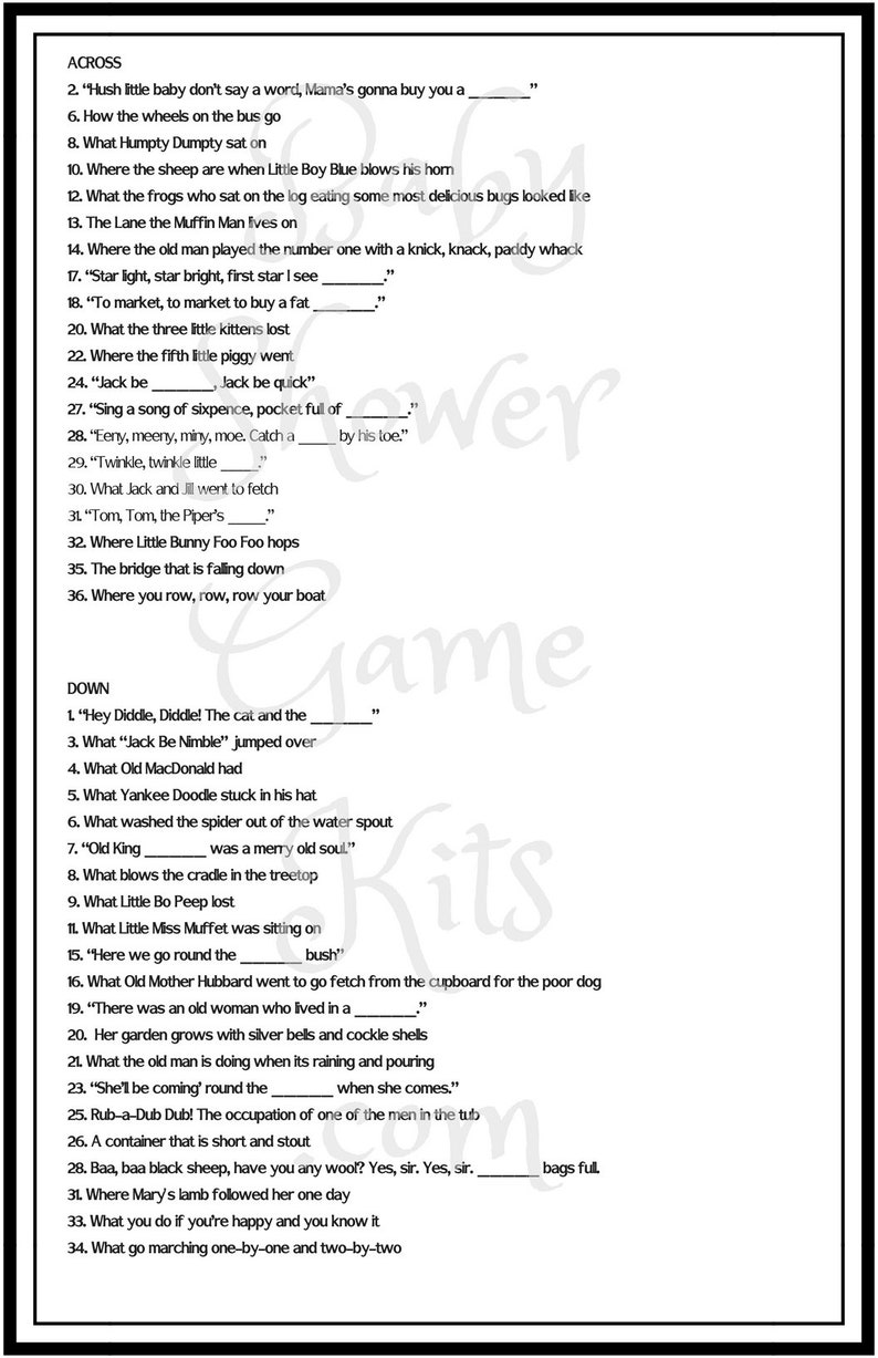 Nursery Rhyme Crossword Puzzle Game Kit With Sweet Rhymes Etsy