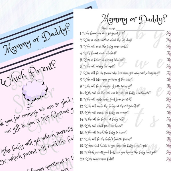 Guess Which Parent/ Mommy & Daddy Game Kit with Sweet Rhymes, Instant Download