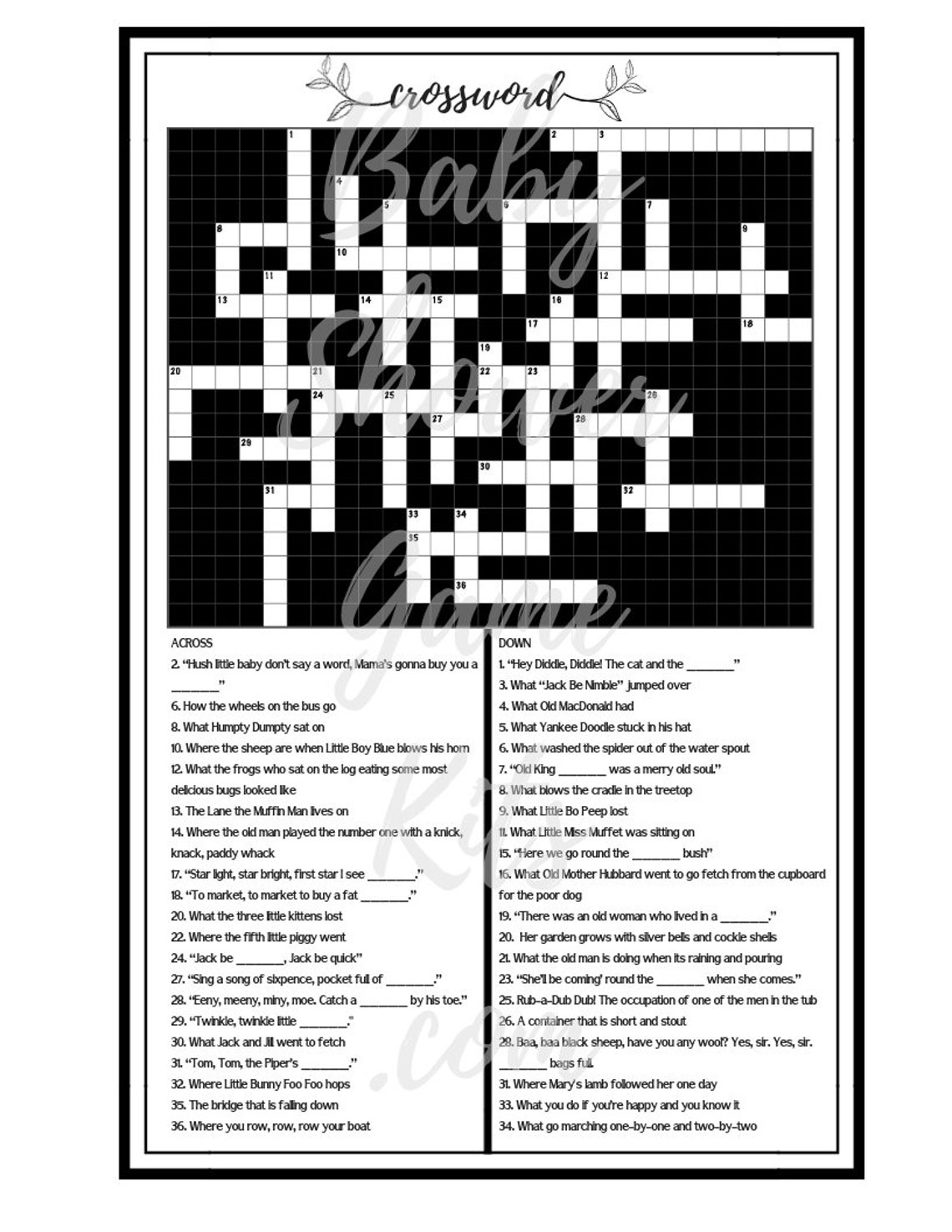 Nursery Rhyme Crossword Puzzle Game Kit With Sweet Rhymes Etsy