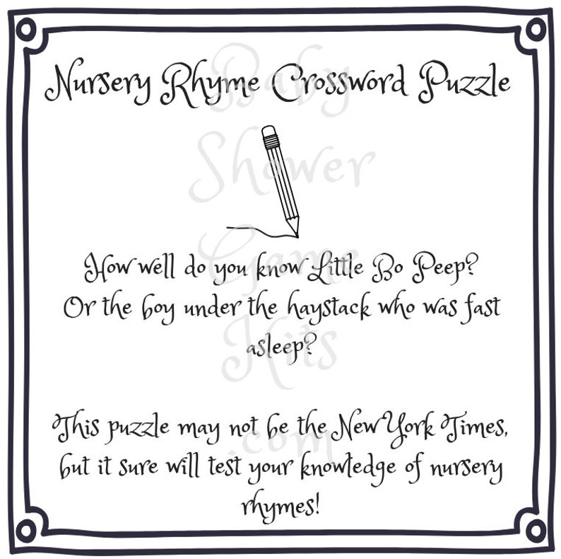 Nursery Rhyme Crossword Puzzle Game Kit With Sweet Rhymes Etsy