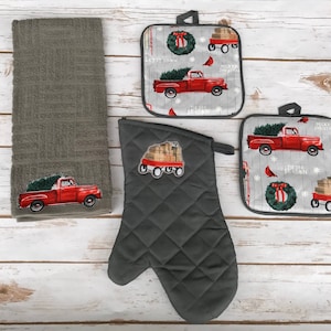 gift set 2 pot holders , 1 oven mitten and 1 kitchen towel, Christmas gift , red truck , vintage red car, farm red truck , gift for him