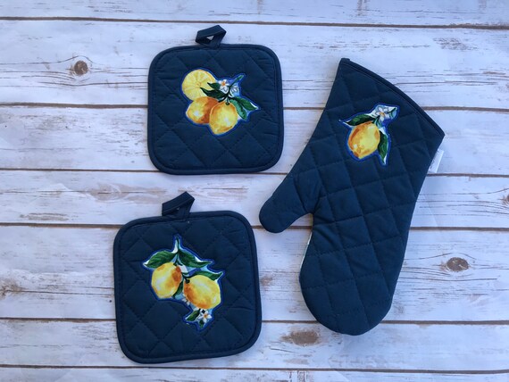 Yellow Lemon Pot Holders and Oven Mitten, Yellow and Blue Pot Holders,  Birthday Christmas Gift ,kitchen Decor 