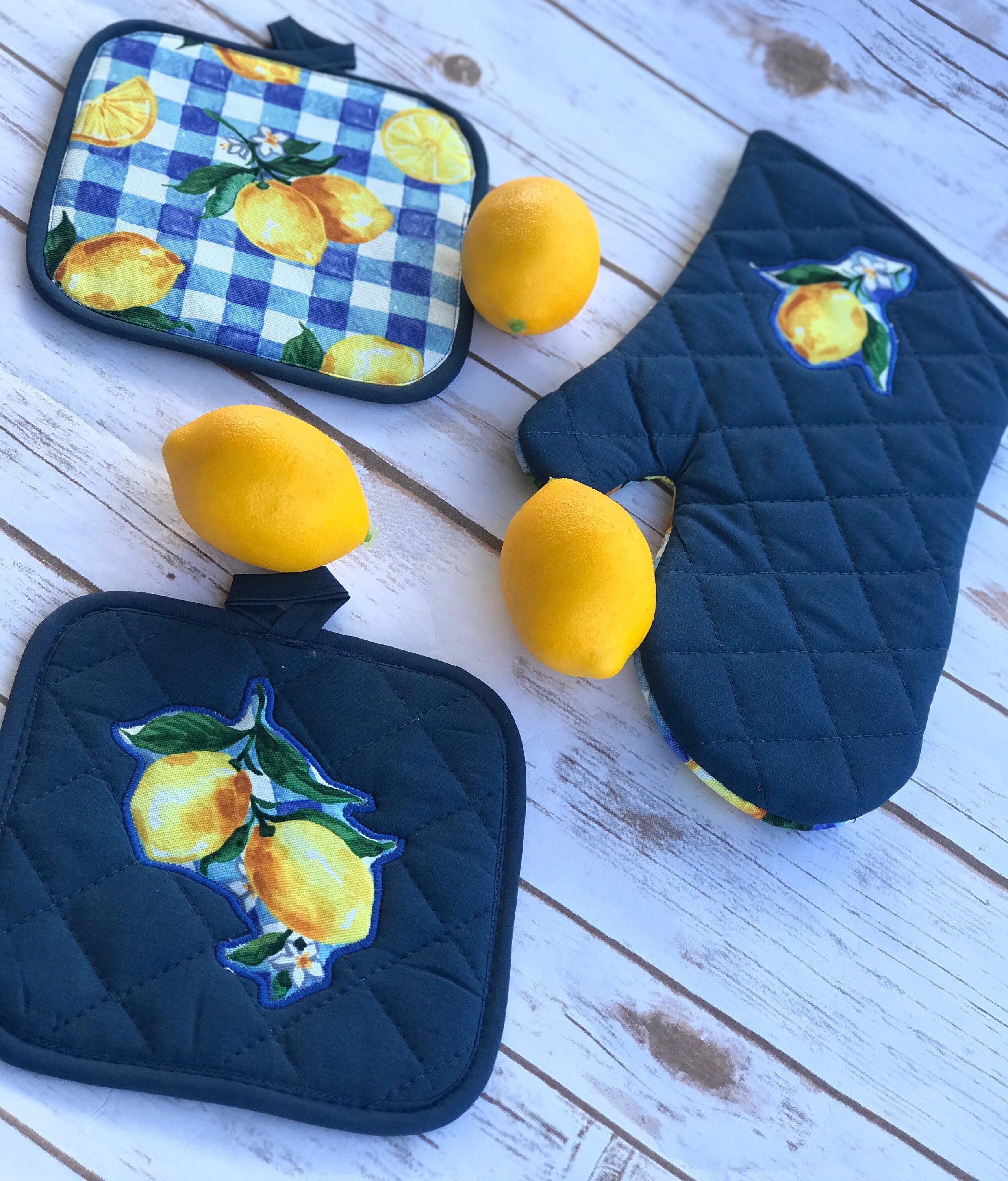 Yellow Lemon Pot Holders and Oven Mitten, Yellow and Blue Pot Holders,  Birthday Christmas Gift ,kitchen Decor 