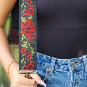 Adjustable Boho Red Floral Woven Bag Purse Replacement Strap, Padded Retro Embroidered Guitar Replaceable Messenger Handbag Strap, ROSES