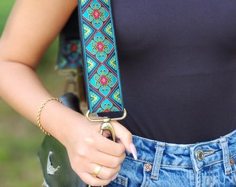 Adjustable Woven Bag Strap, Boho Embroidered Floral Guitar Strap
