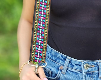 Adjustable Boho Woven Bag Strap, Embroidered Floral Replacement