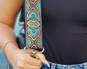 Adjustable Boho Woven Bag Purse Replacement Strap, Retro Floral Guitar Replaceable Messenger Handbag strap, Gold Black Turquoise, SCORPION