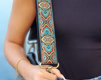 Adjustable Boho Bag Strap, Retro Floral Woven Guitar Purse Strap