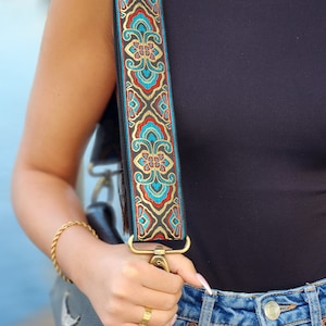 Adjustable Boho Woven Bag Purse Replacement Strap, Retro Floral Guitar Replaceable Messenger Handbag strap, Gold Black Turquoise, SCORPION