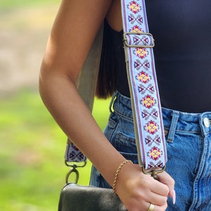 Adjustable Boho Woven Bag Purse Replacement Strap, Red White Orange Soft Retro Floral Guitar Replaceable Messenger Handbag strap, MILKY WAY