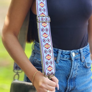 Adjustable Boho Woven Bag Purse Replacement Strap, Red White Orange Soft Retro Floral Guitar Replaceable Messenger Handbag strap, MILKY WAY