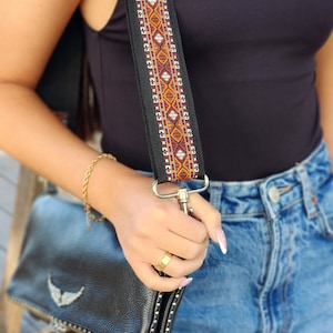 Adjustable Boho Woven Bag Purse Replacement Strap, Brown Black Retro Guitar Strap style, Embroidered Replaceable Handbag Strap, FALKOR