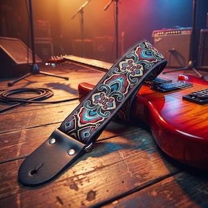 May include: A guitar strap featuring a detailed woven pattern in shades of red, blue, and cream, attached to a cherry sunburst electric guitar. The strap includes black leather ends with two silver metal rivets and a standard guitar peg hole.