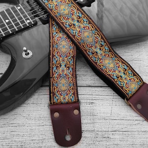 Floral Black Cross body Guitar Strap for Electric , Acoustic or Bass Guitars with Leather Ends, Adjustable Personalized Strap, &quot;NEVERLAND&quot;
