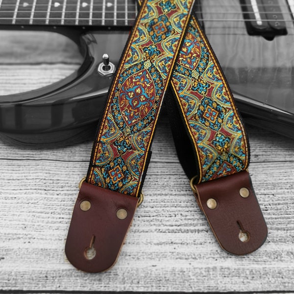 Guitar Strap, Adjustable Engraving Personalized Strap, "SLEEVE", Floral Gold & Red, Leather Ends, for Electric, Acoustic or Bass Guitars