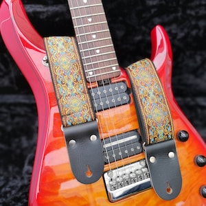 Guitar Strap, Adjustable Personalized Strap, &quot;NEVERLAND&quot;, Floral Brown Leather Ends, For Electric Acoustic or Bass Guitars, Engraving & Logo
