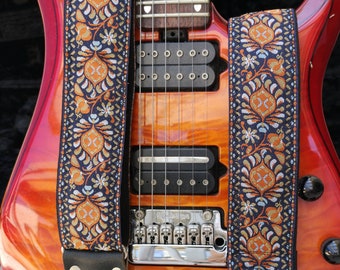 Crossbody Guitar Strap with Leather Ends For Electric Acoustic and Bass Guitars, Adjustable Personalized Strap with Logo, "SATURN", Vintage