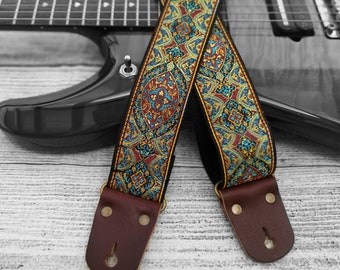 Guitar Strap, Adjustable Engraving Personalized Strap, "SLEEVE", Floral Gold & Red, Leather Ends, for Electric, Acoustic or Bass Guitars