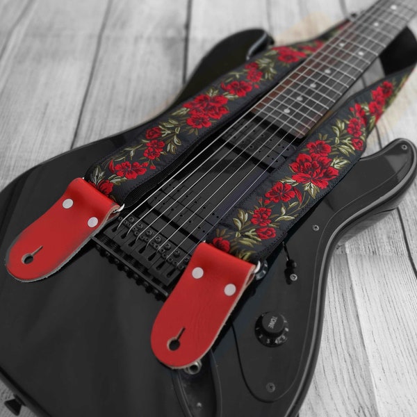 Cross Body Guitar Strap with Leather Ends For Electric Acoustic or Bass Guitars, Adjustable, Engraving, Personalized Floral Strap, ROSES