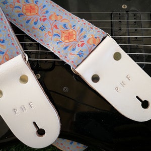 Guitar Strap, Adjustable Personalized Strap, &quot;MARS&quot;, Vintage, White Leather Ends, For Electric Acoustic and Bass Guitars, Engraving & Logo