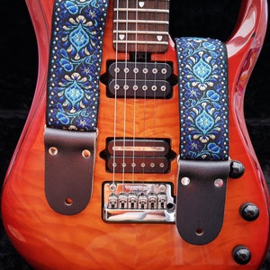 Adjustable Personalized Engraving Floral Blue Guitar Strap with Leather Ends For Electric Acoustic or Bass Guitars, &quot;HIMALAYA&quot;