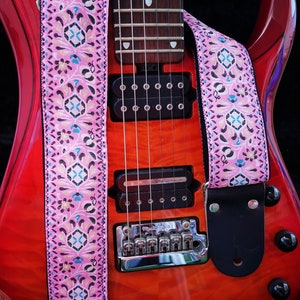 Pink Guitar Strap with Leather Ends For Electric Acoustic or Bass Guitars, Adjustable Personalized Engraving. &quot;PINK&quot;