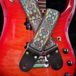 Green & Brown Guitar Strap For Electric Acoustic or Bass Guitars, Adjustable Personalized Strap with Leather Ends, &quot;HAWAII&quot;