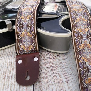 Guitar Strap, Adjustable Personalized Strap, &quot;UNIVERSE&quot;, Floral Brown Leather Ends, For Electric Acoustic or Bass Guitars, Engraving & Logo