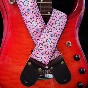 Guitar Strap For Electric Acoustic or Bass Guitars, Gift for Musician, Adjustable Personalized Strap with Leather Ends, &quot;PINK&quot;