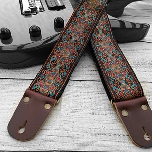 Guitar Strap, Adjustable Engraving Personalized Strap, "PLUTO", Floral Gold & Red, Leather Ends, for Electric Acoustic or Bass Guitars