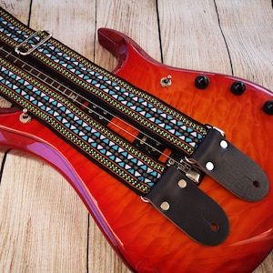Adjustable Woven Guitar Strap with Leather Ends For Acoustic, Electric or Bass Guitars, Personalized Strap, &quot;MALDIVES&quot;