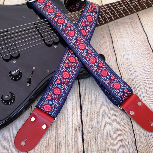 Guitar Strap with Red Leather Ends For Electric Acoustic or Bass Guitars, Engraving, Adjustable Personalized Cross body Strap, "URANUS"