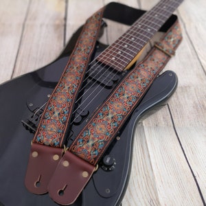 Guitar Strap, Adjustable Engraving Personalized Strap, "PLUTO", Floral Gold & Red, Leather Ends, for Electric Acoustic or Bass Guitars