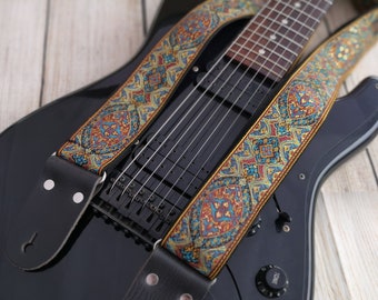 Gitarrrem, justerbar gravyr, personlig rem, "SLEEVE", blommigt guld och rött, läderändar, för el-akustiska gitarrer eller basgitarrer