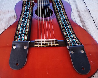 Colorful Wooven Guitar Strap with Leather Ends, For Electric, Acoustic or Bass Guitars, Engraving Personalized Adjustable Strap "MALDIVES"