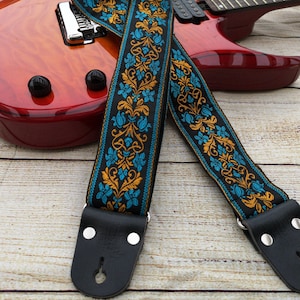 Guitar Strap, Adjustable Engraving Personalized Strap, &quot;Galileo&quot;, Floral Gold & Blue, Leather Ends, for Electric Acoustic or Bass Guitars