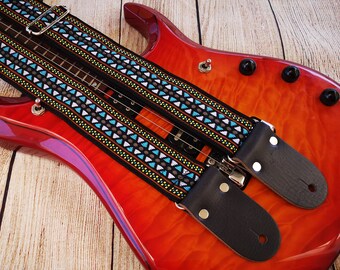 Adjustable Woven Guitar Strap with Leather Ends For Acoustic, Electric or Bass Guitars, Personalized Strap, "MALDIVES"