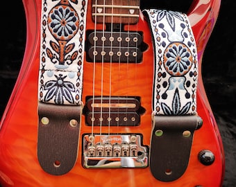 Floral Guitar Strap: White and Blue, Leather Ends, Personalized
