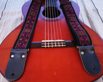 Justerbar svart & röd broderad gitarrrem med läderändar för elgitarrer, akustiska gitarrer eller basgitarrer, personlig rem, "SOLOMON"