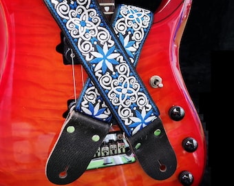 Blue & White Guitar Strap For Electric, Acoustic or Bass Guitars, Adjustable Personalized Strap with Leather Ends, "PICASO"