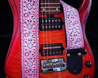 Pink Guitar Strap For Electric Acoustic or Bass Guitars, Adjustable Engraving Personalized Wooven Strap with Leather Ends, "PINK"