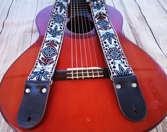 Wooven, Embroided, Floal Guitar Strap For Electric, Acoustic or Bass Guitars, Adjustable, Personalized Strap with Leather Ends, "VAN GOGH"